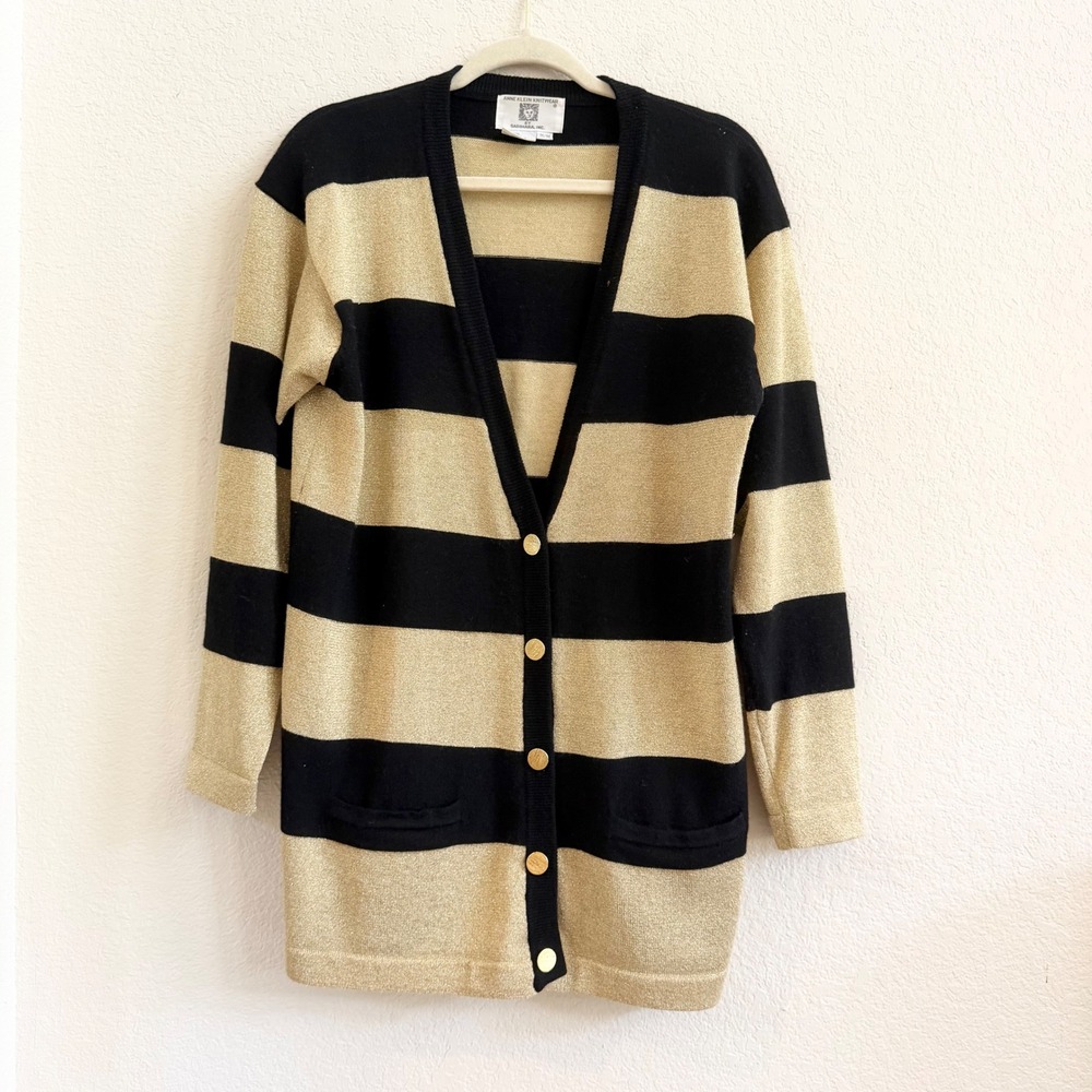 Anne Klein Knitwear Womens Cardigan M Black Gold Metallic Striped Wool Blend